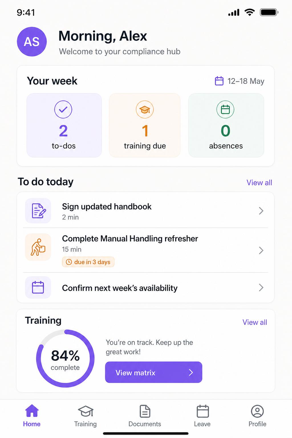 Employee portal home — to-dos for today, training progress, leave summary.