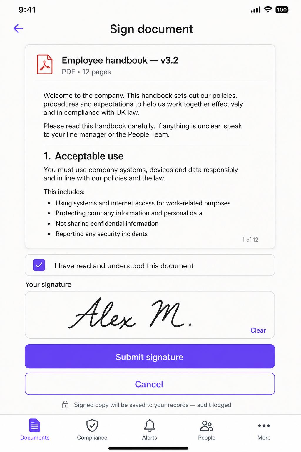 Signing a document on a phone — read, tick and sign, audit logged.