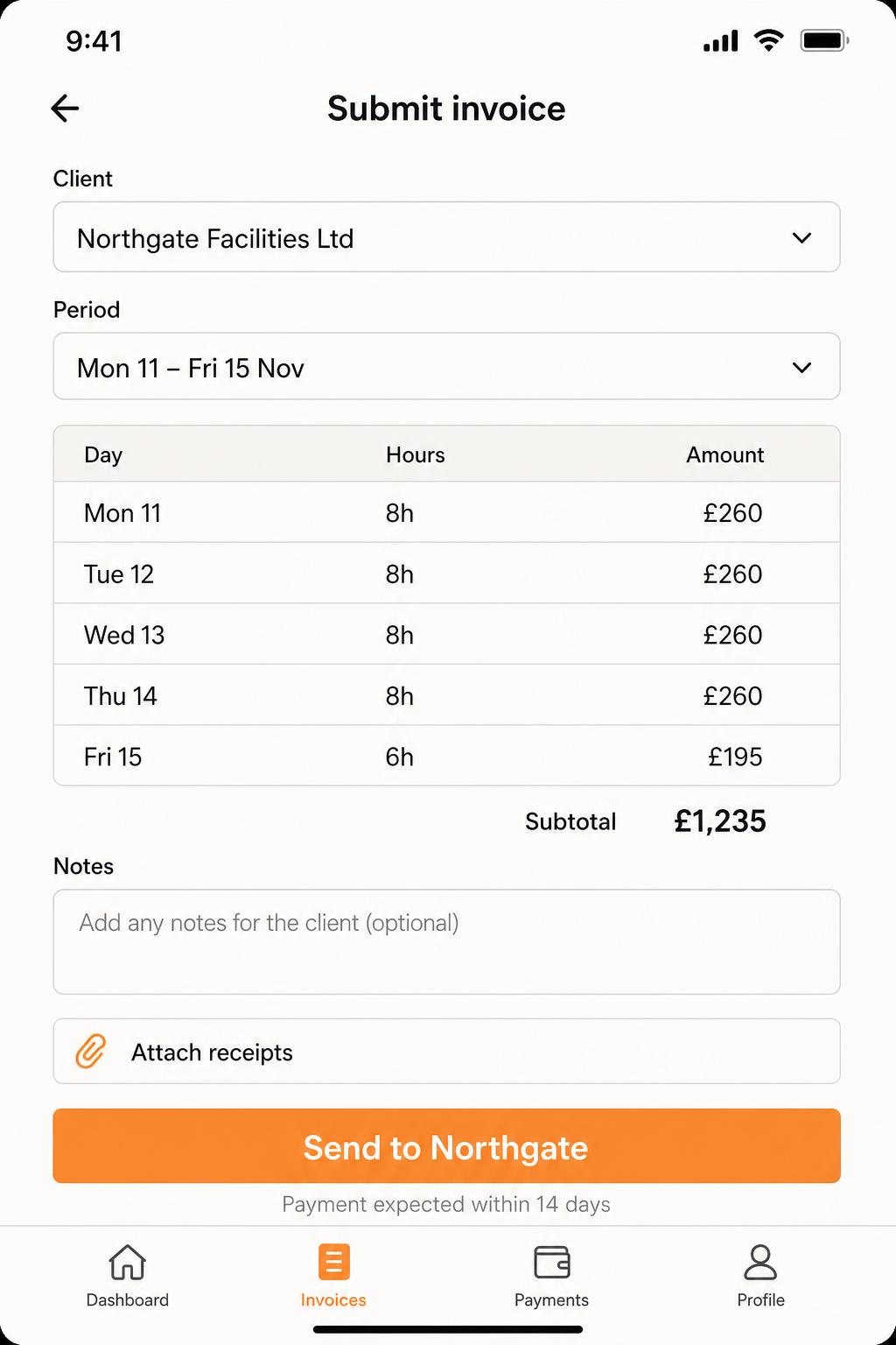 Self-employed portal — submitting an invoice with daily hours and a subtotal.