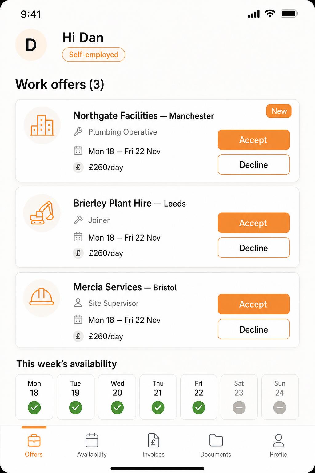 Self-employed portal — work offers with accept and decline.